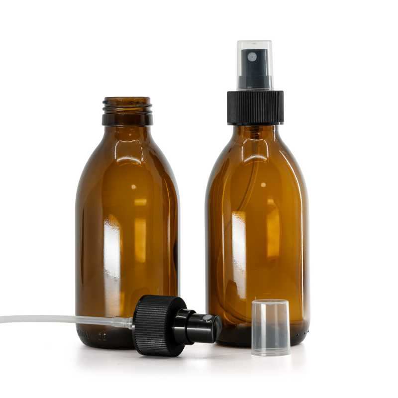 Bernsteinfarbene runde Sirup-Glasflasche, PP28, feiner Nebelzerstäuber, schwarz, gerippter Kragen, 2