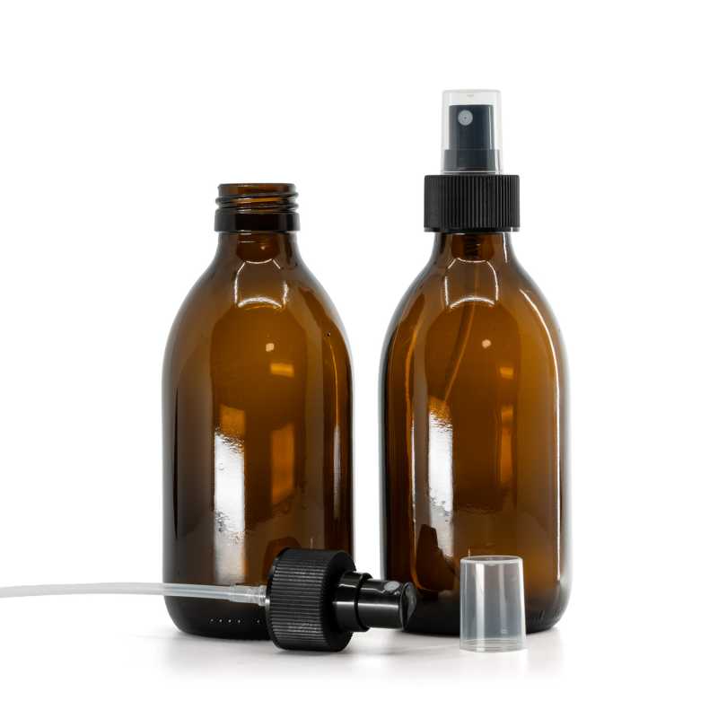 Bernsteinfarbene runde Sirup-Glasflasche, PP28, feiner Nebelzerstäuber, schwarz, gerippter Kragen, 2