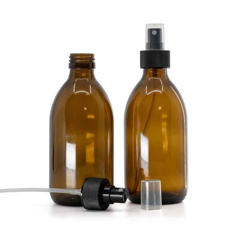 Bernsteinfarbene runde Sirup-Glasflasche, PP28, feiner Nebelzerstäuber, schwarz, gerippter Kragen, 2