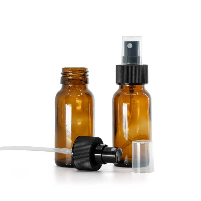 Bernsteinfarbene runde Sirup-Glasflasche, PP28, feiner Nebelzerstäuber, schwarz, gerippter Kragen, 2