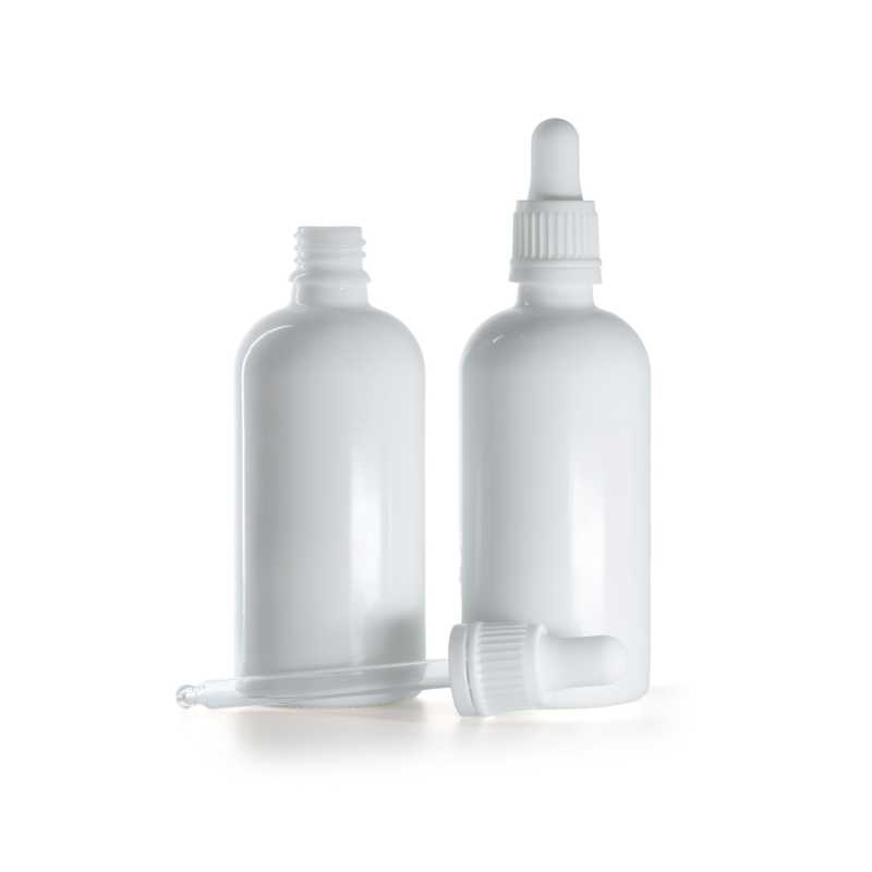 Weißes Glasfläschchen, weißer Tropfer, 100 ml