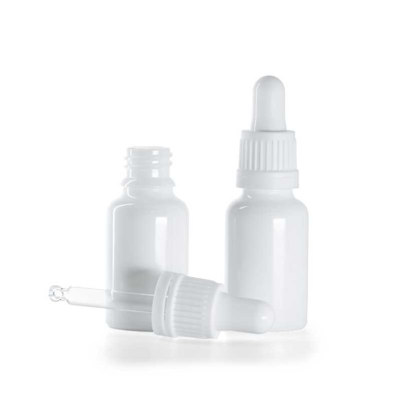 Weißes Glasfläschchen, weiße Pipette, 15 ml