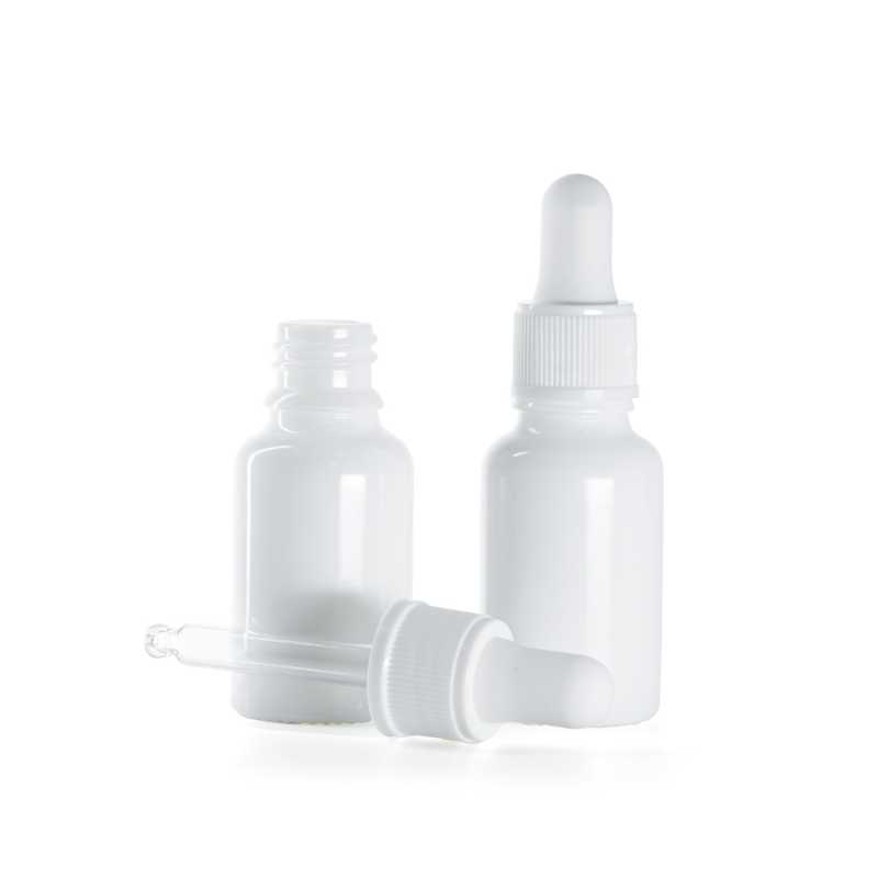 Weißes Glasfläschchen, mattweißer Tropfenfänger, 15 ml