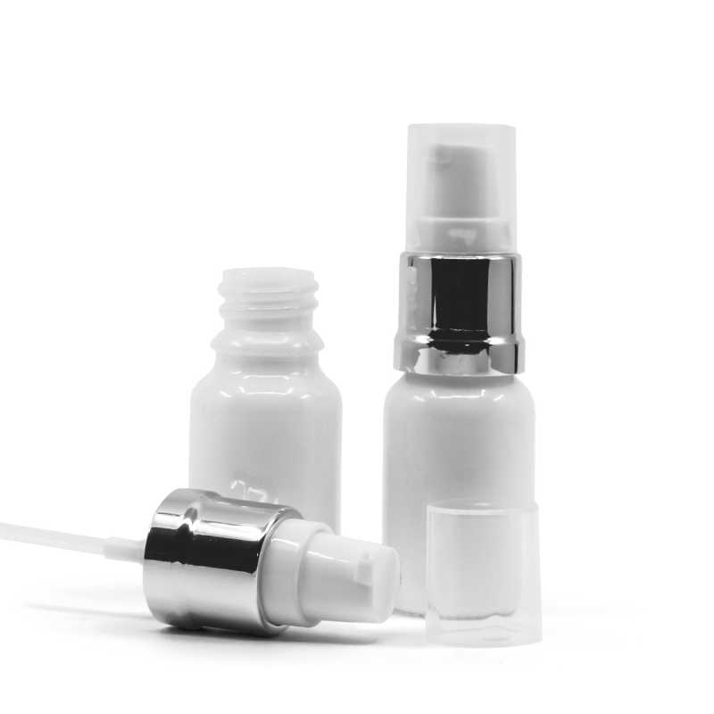Weißes Glasfläschchen, silberglänzende weiße Pumpe, 10 ml