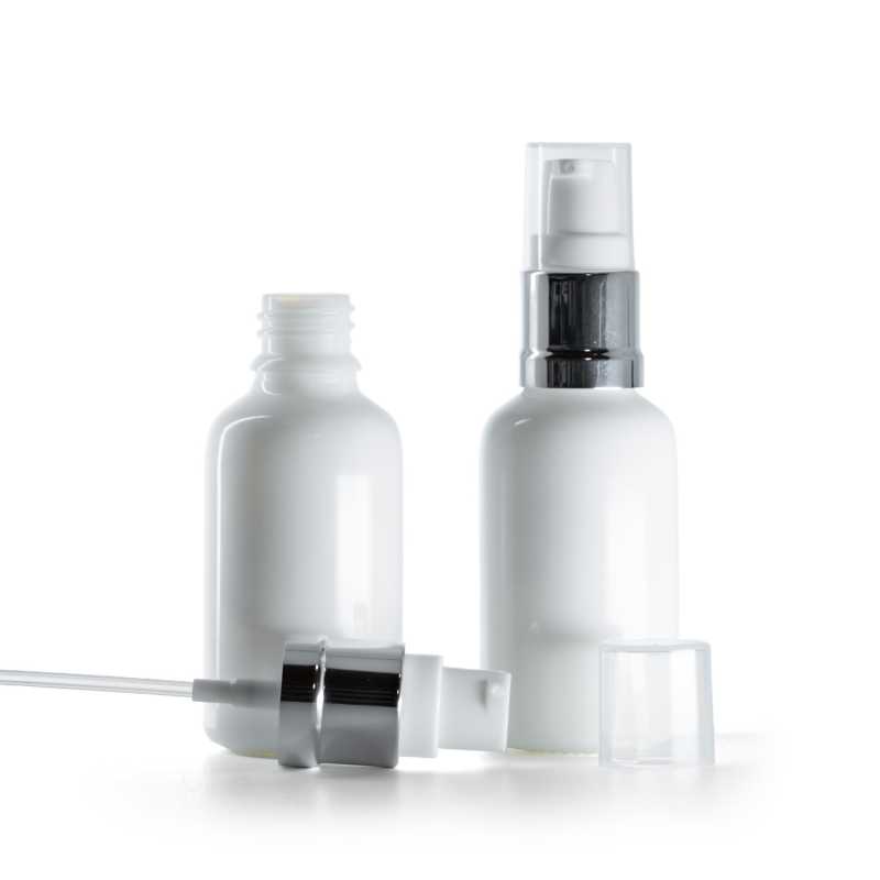 Weiße Glasflasche mit glänzend weiß-silbernem Spender, 30 ml