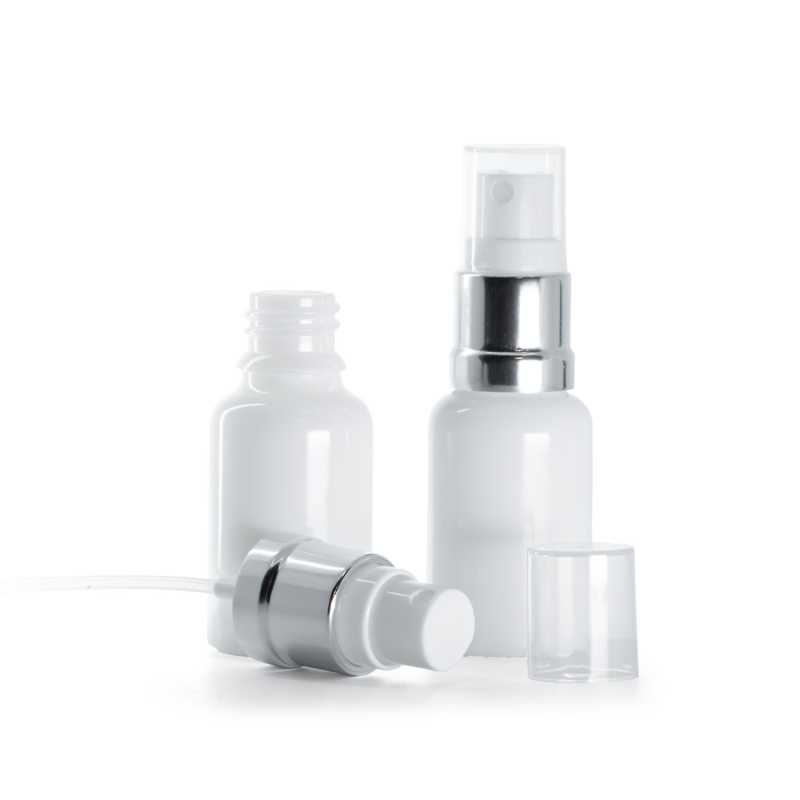 Weißes Glasfläschchen, glänzend silberweißes Spray, 15 ml