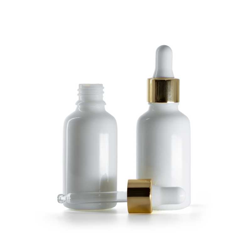 Weiße Glasflasche mit weiß-goldenem Pipettenverschluss, 30 ml