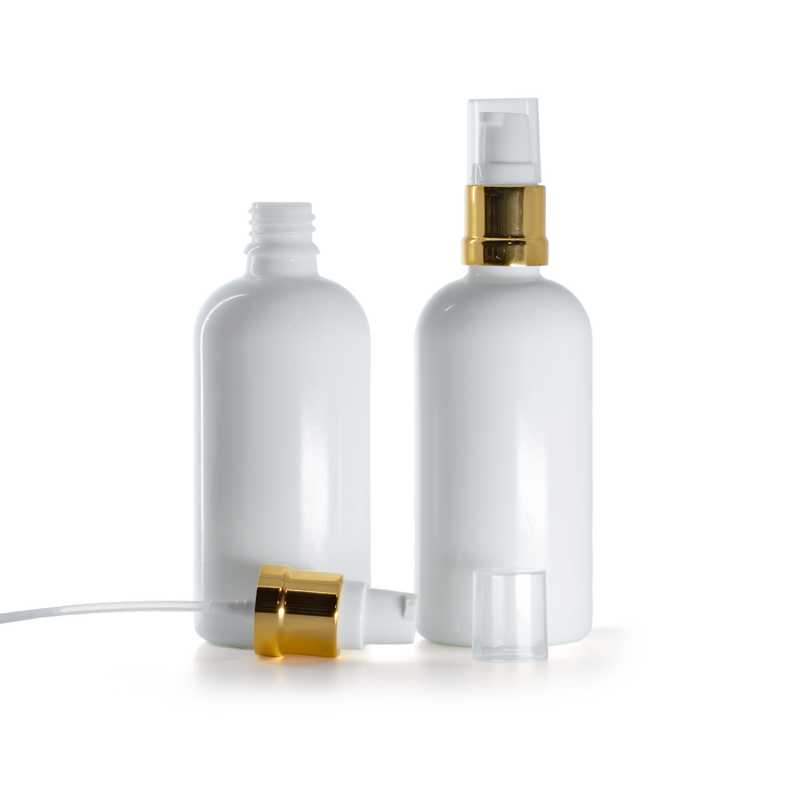 Weißes Glasfläschchen, goldglänzende weiße Pumpe, 100 ml