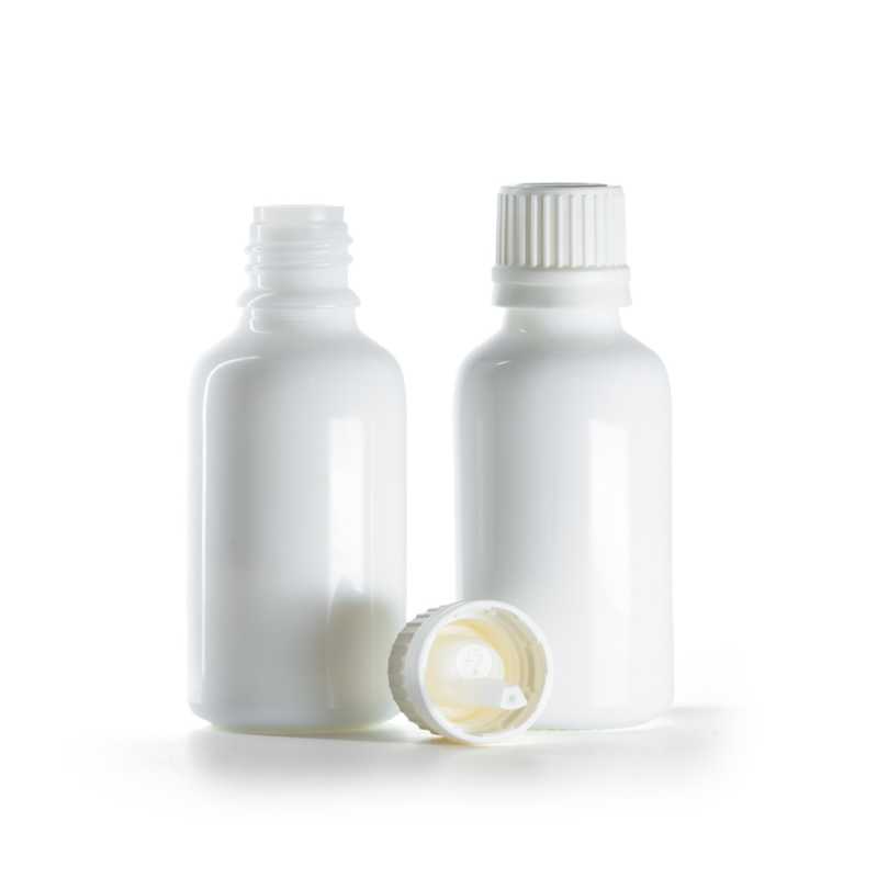 Weiße Glasflasche mit Originalitätsverschluss und Pipette, 30 ml