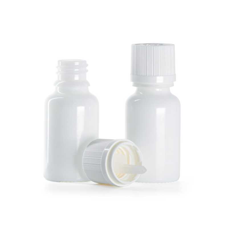 Weißes Glasfläschchen, weiße Sicherheitsverschlusskappe und Tropfer, 15 ml