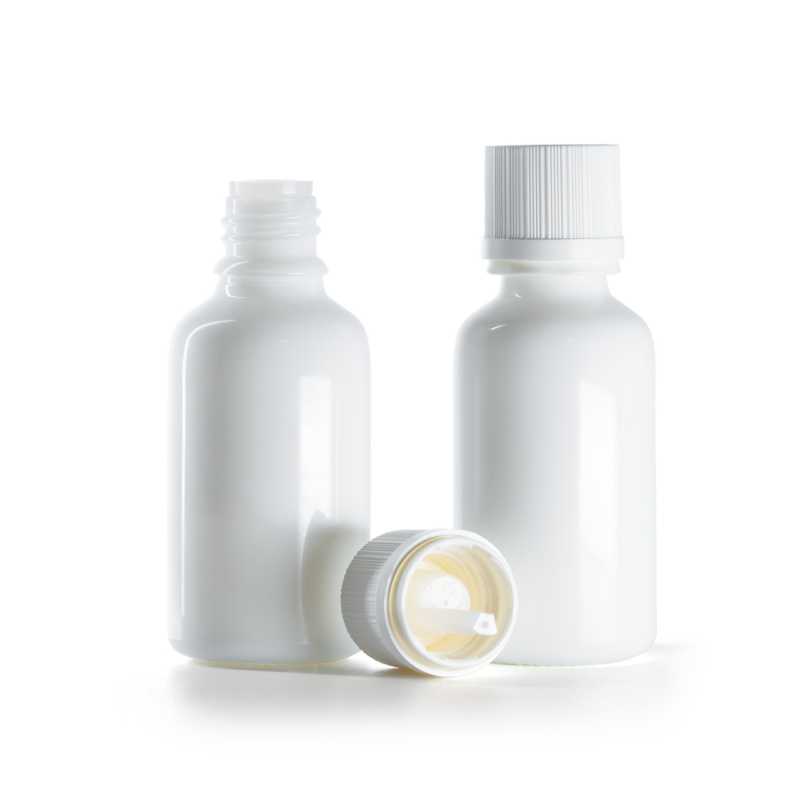 Weiße Glasflasche, weiße Originalitätsverschlusskappe mit Tropfeinsatz, 30 ml