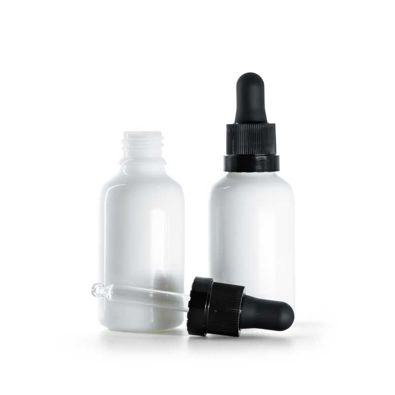 Weiße Glasflasche, schwarzer Pipettenverschluss mit glänzendem Ring, 30 ml