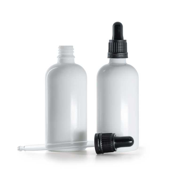 Weißes Glasfläschchen, schwarzer, manipulationssicherer Tropfer, 100 ml  