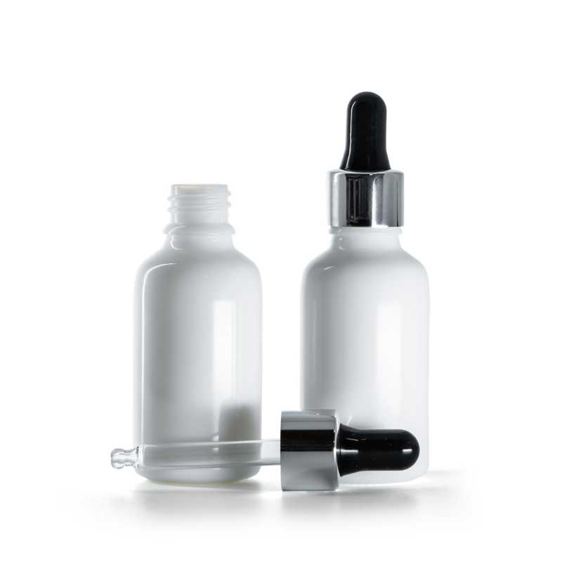 Weiße Glasflasche mit schwarz-silberner Pipette, 30 ml