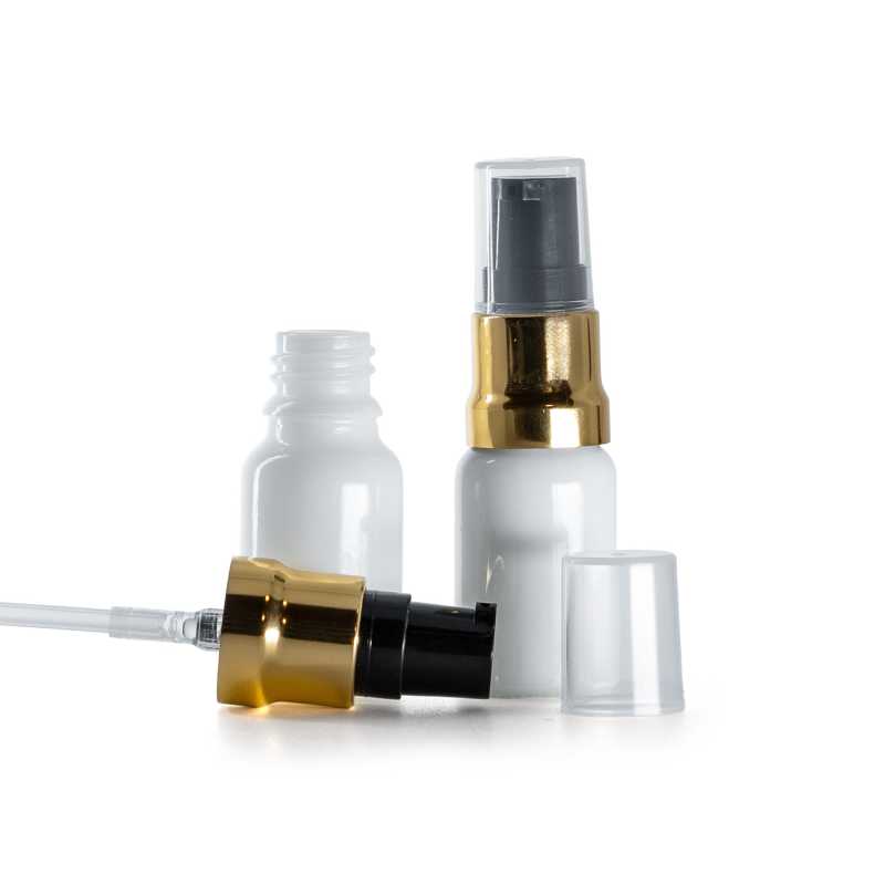 Weißes Glasfläschchen, glänzende gold-schwarze Pumpe mit klarer Überkappe, 10 ml