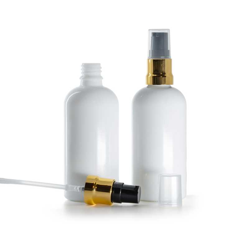 Weißglasflasche, glänzende gold-schwarze Pumpe mit klarer Kappe, 100 ml