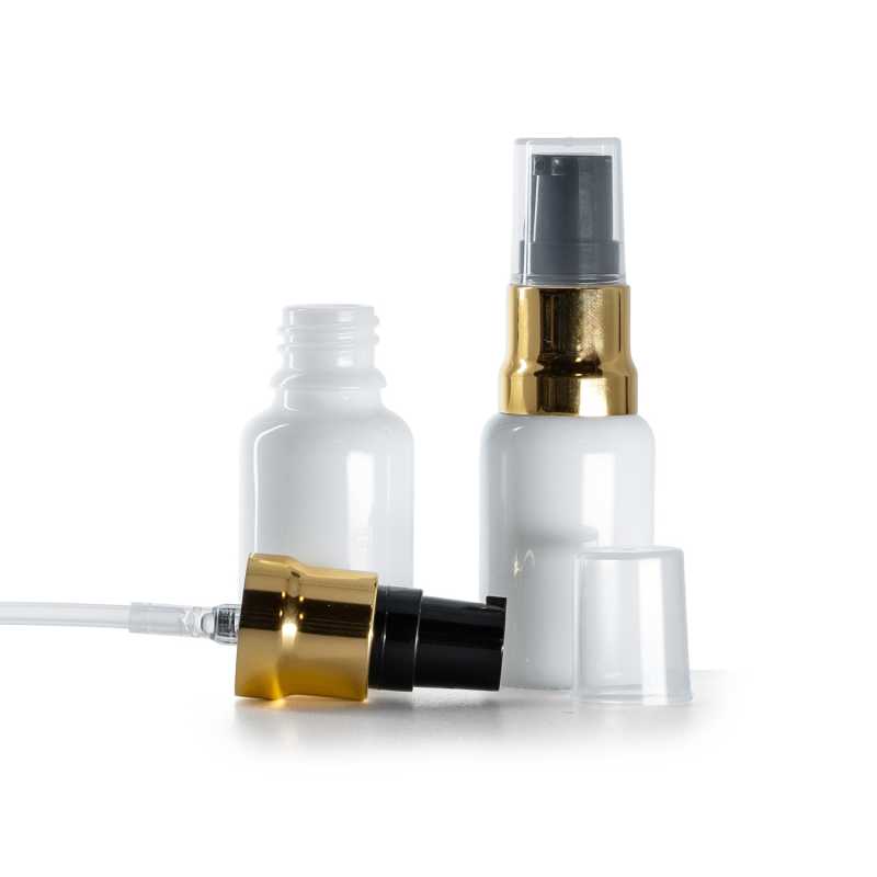 Weißes Glasfläschchen, glänzende gold-schwarze Pumpe mit klarer Überkappe, 15 ml