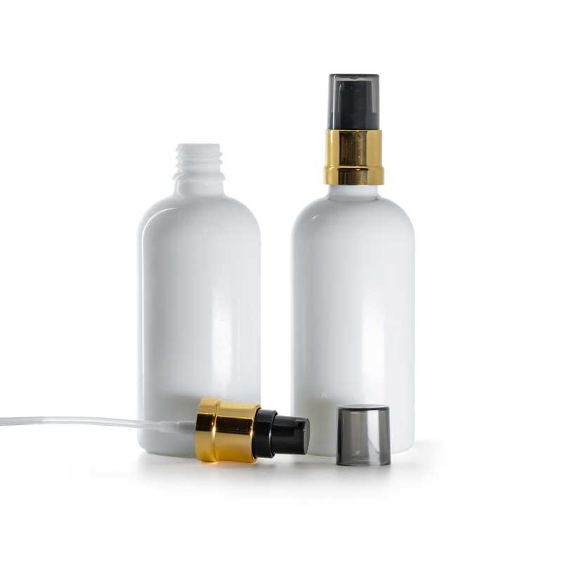 Weißes Glasfläschchen, goldglänzende schwarze Pumpe, 100 ml