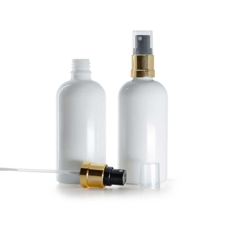 Weißglasflasche, gold-schwarz glänzender Zerstäuber, 100 ml
