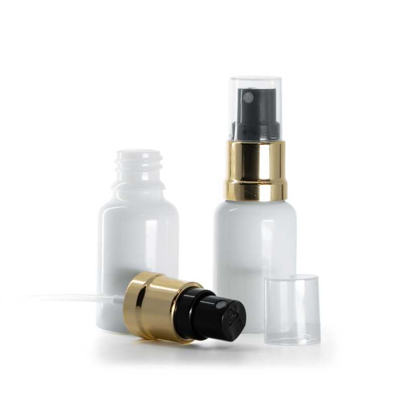 Weißes Glasfläschchen, glänzend goldschwarzes Spray, 15 ml