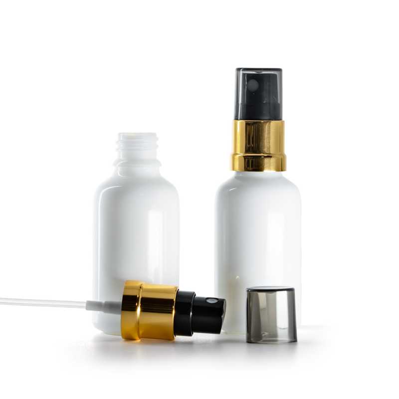 Weiße Glasflasche, Schwarz-Gold Zerstäuber, Smokey-Überkappe, 30 ml