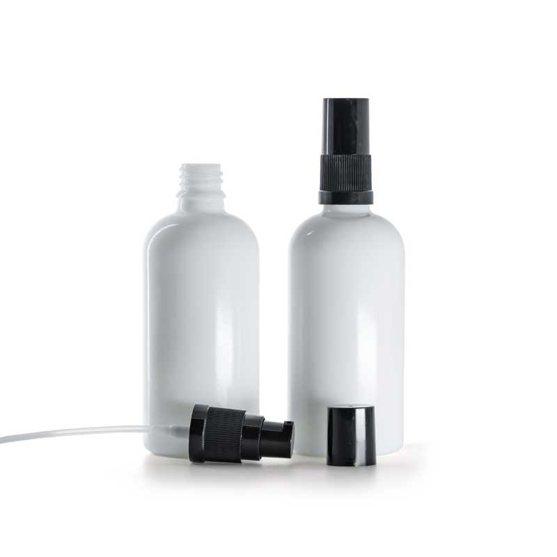 Weiße Glasflasche, schwarze Lotionpumpe, schwarzer Überkappe, 100 ml