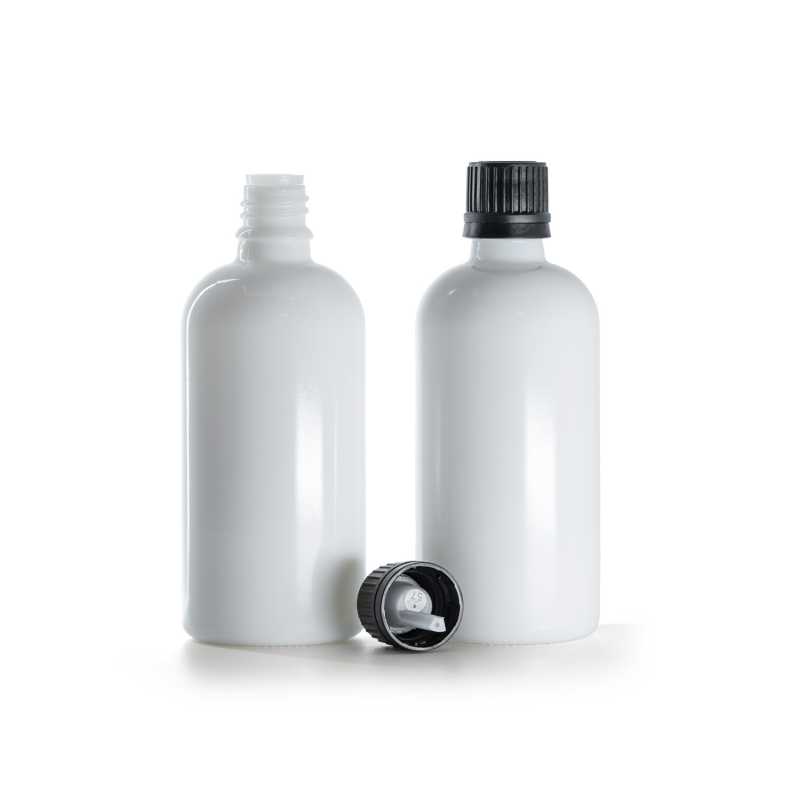 Weißes Glasfläschchen, schwarzer Deckel & Tropfer 100 ml