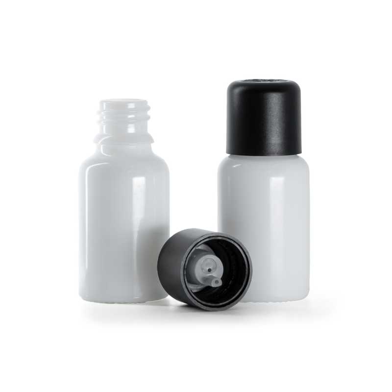 Weißes Glasfläschchen, schwarze Sicherheitsverschlusskappe und Tropfer 15 ml