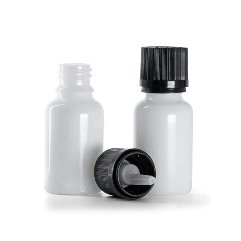 Weißes Glasfläschchen, schwarze Sicherheitskappe und Tropfer 15 ml