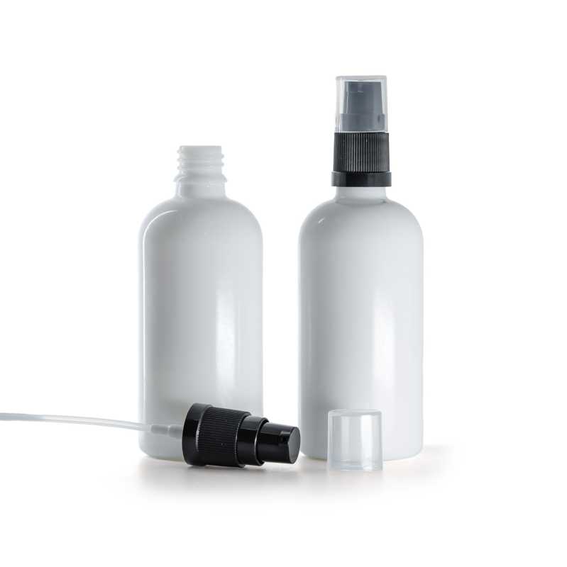 Weißglasflasche, schwarze Lotionpumpe, 100 ml