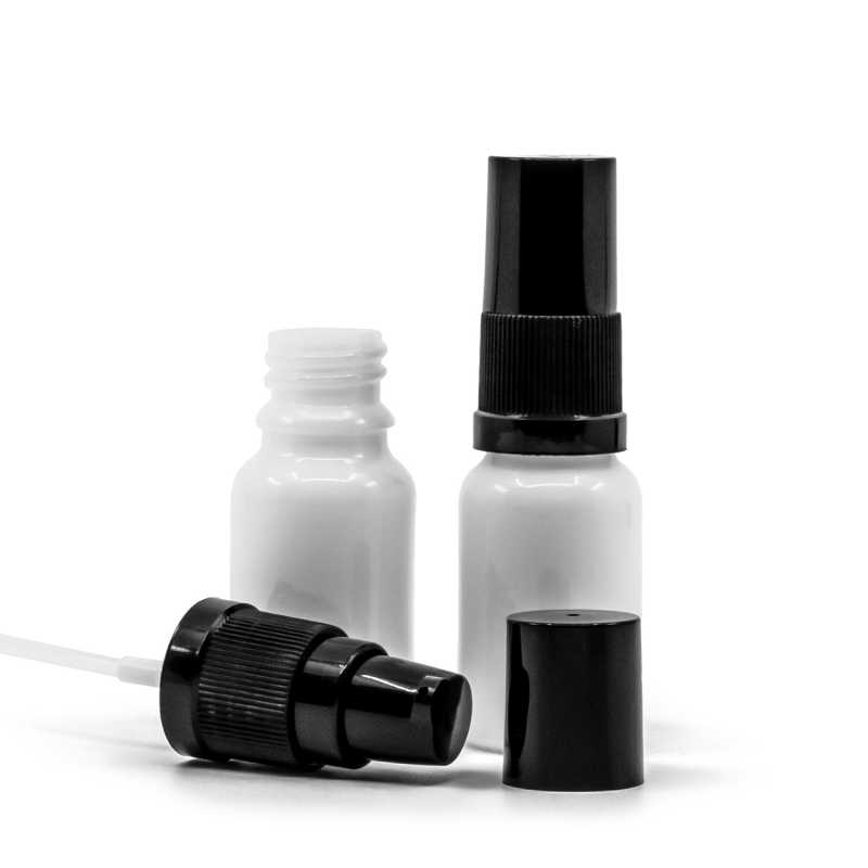 Weißes Glasfläschchen, schwarze Lotionpumpe mit schwarzem Überkappe, 10 ml