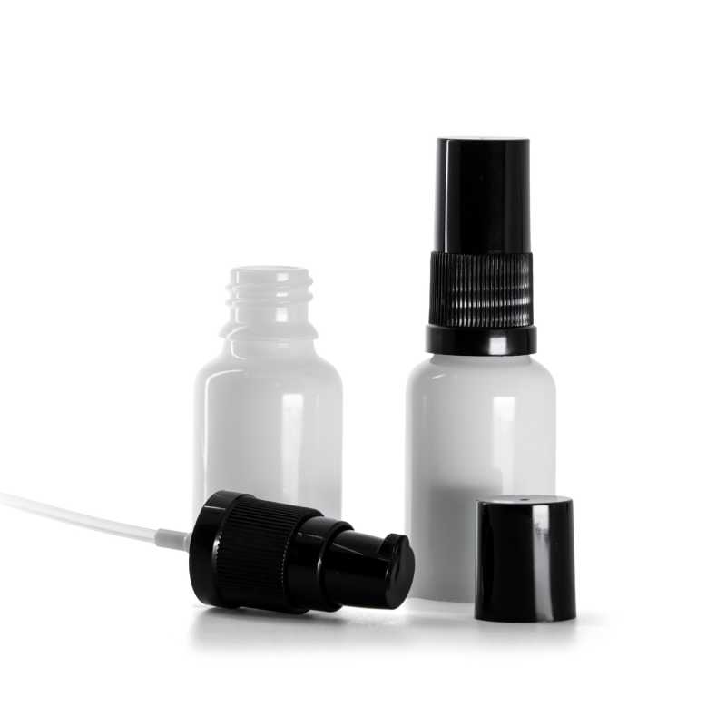 Weißes Glasfläschchen, schwarze Lotionpumpe mit schwarzem Überkappe, 15 ml