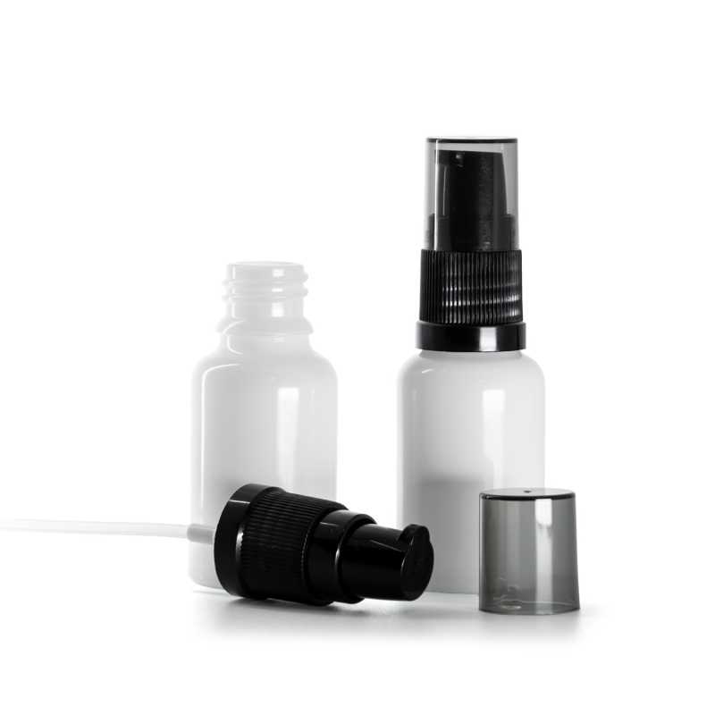 Weißes Glasfläschchen, Cremespender mit rauchfarbener Überkappe, 15 ml