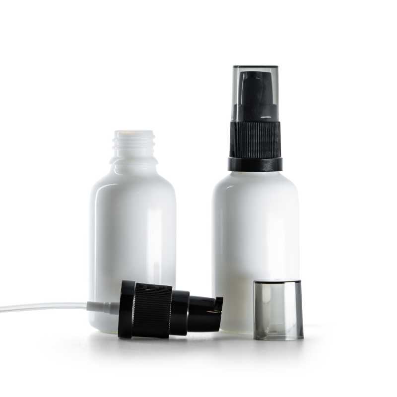 Weiße Glasfläschchen, Lotionpumpe mit rauchfarbener Überkappe, 30 ml