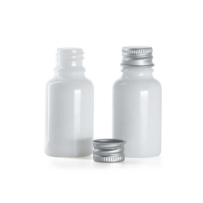 Weißglasflasche, silberne Aluminiumkappe, 15 ml