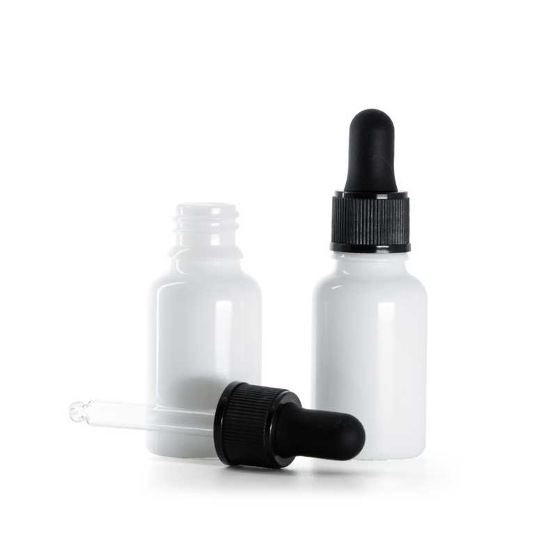 Weißes Glasfläschchen, mattschwarze Pipette, 15 ml