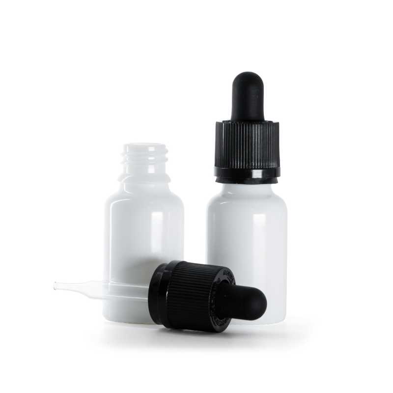 Weißes Glasfläschchen, schwarzer Sicherheitstropfer mit Manipulationssicherung, 15 ml