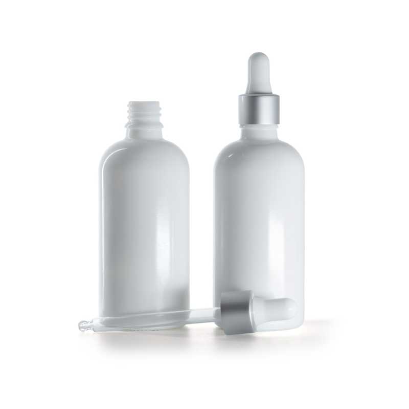 Weißes Glasfläschchen, mattsilberne Pipette, 100 ml