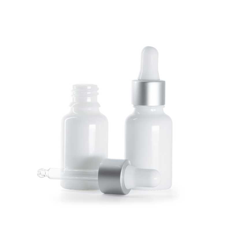 Weißes Glasfläschchen, mattsilberne weiße Pipette, 15 ml