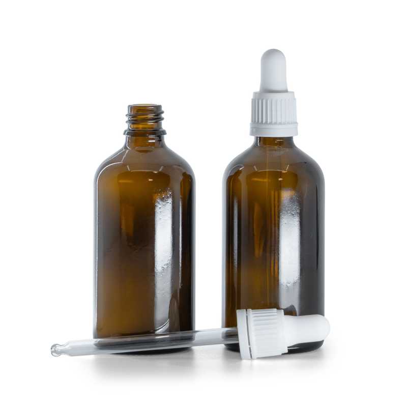 Braunglasflasche, weißer Tropfenzähler, 100 ml