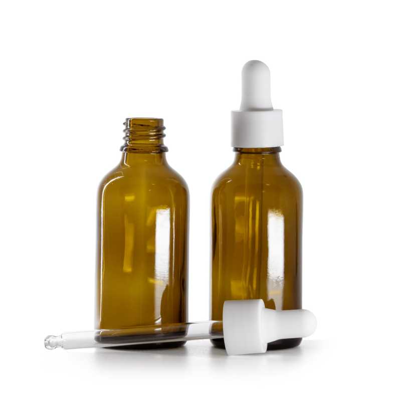 Braunglasflasche, weißer, mattierter Tropfenzähler, 50 ml