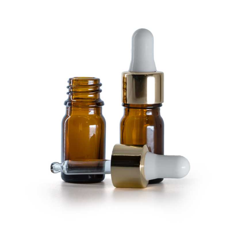Braunglasflasche, goldweißer Tropfer, 5 ml