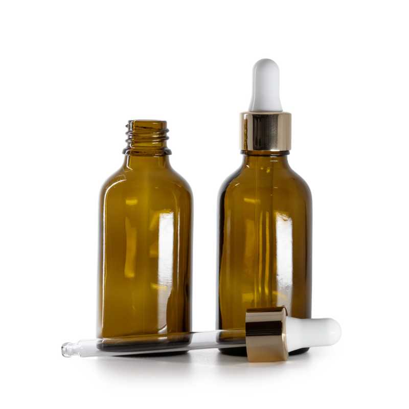 Braunglasflasche, gold-weißer Tropfer, 50 ml
