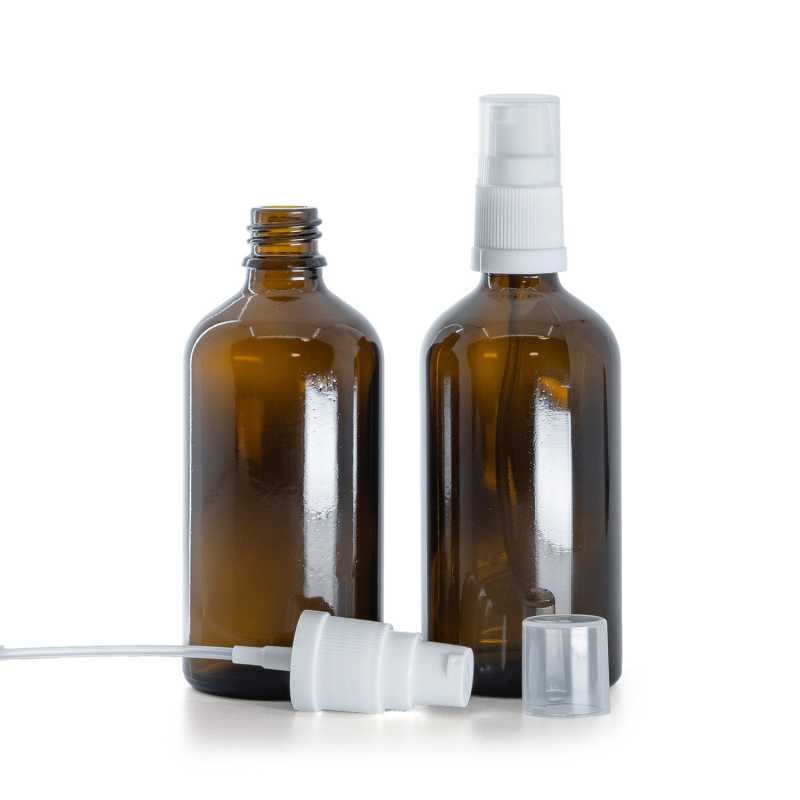 Braunglasflasche, weiße Lotionpumpe, 100 ml
