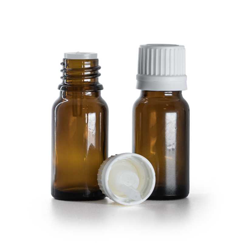 Braunglasflasche, weißer Originalitätsverschluss und Tropfer, 10 ml