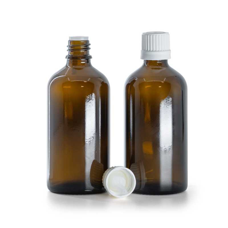 Braunglasflasche, weißer Originalitätsverschluss und Tropfer, 100 ml