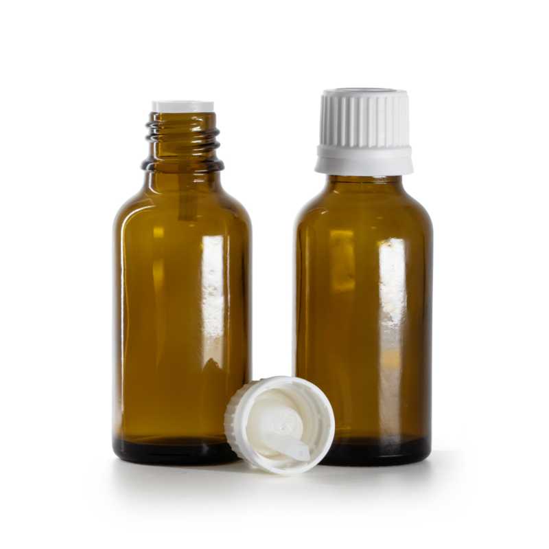 Braunglasflasche, weißer Originalitätsverschluss und Tropfer, 30 ml