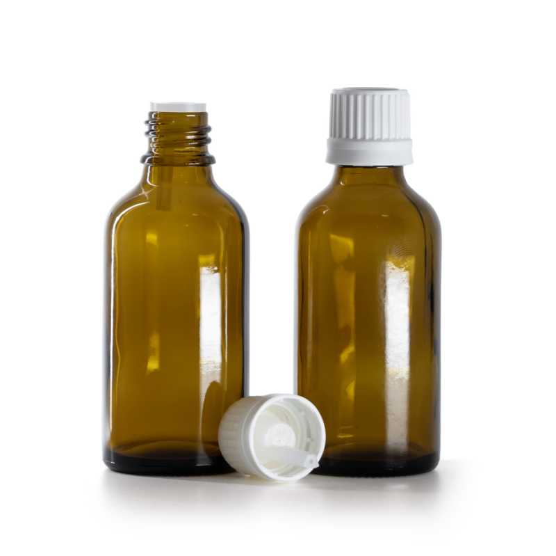 Braunglasflasche, weißer Originalitätsverschluss und Tropfer, 50 ml