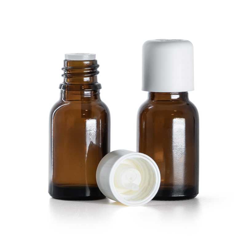 Braunglasflasche, weiße Sicherheitskappe und Tropfer, 15 ml