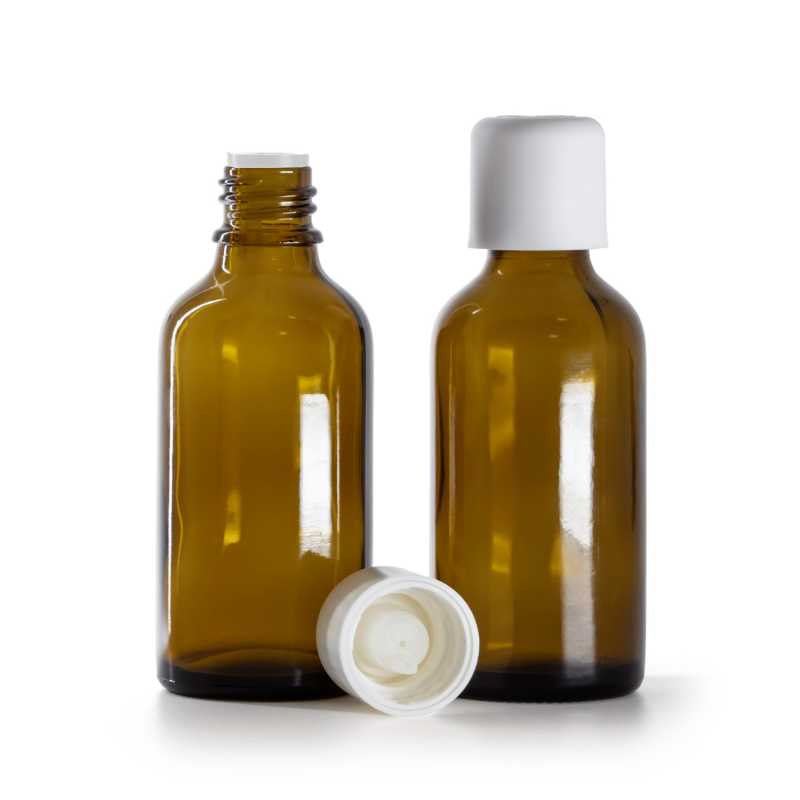 Braunglasflasche, weiße Sicherheitskappe und Tropfer, 50 ml
